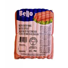 [Ingredientes: Carne mecánicamente separada ave (pollo), carne de pollo, piel de pollo, agua (7 %), proteína de soja (4 %), sal, almidón (1.5 %), azúcar, lactato de sodio (regulador de acidez), trisfosfato pentasódico (estabilizante), eritorbato de sodio (antioxidante), potenciador de sabor de glutamato monosódico colorante natural carmín, nitrito de sodio y nitrato de sodio (conservantes), aromas naturales (pimienta negra, pimienta de jamaica, clavos, canela y laurel) y ácido láctico. Contiene derivados de soja. No contiene gluten.  Matener Congelado a -18 ºC.] Salchichas de pollo congeladas Bello (3 kg / 6.6 lb)